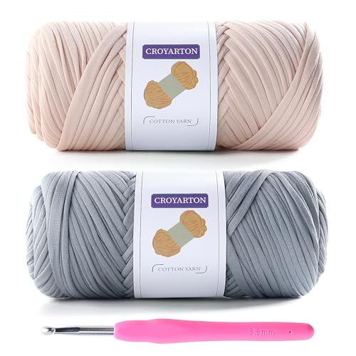 Image of 2 Pack Tshirt Yarn for Crocheting, Elastic T Shirt Spaghetti Thick Knitting Yarn Total Length 130 Yds for Crochet Bag Baskets Home Decor with 1 Crochet Hook (Beige+Light Gray)
