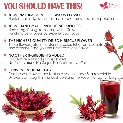 Image of 2oz Hibiscus Dried Flowers, 100% Natural, Pure from Hibiscus Flowers. Loose Flower Hibiscus Herbal Tea. Hibiscus Flower Tea. No Sugar, No Caffeine, No Gluten, Vegan.