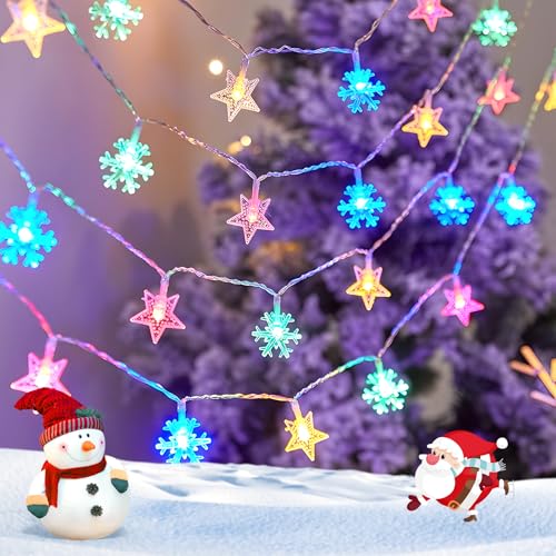 Aigostar Guirlande Lumineuse 2,5m 25 LEDs à Piles (Étoiles et Flocons de Neige), 8 Modes de Lumières de Noël, IP44 Étanche avec Minuterie pour Intérieur/Extérieur, Fêtes, Chambre (RGB)