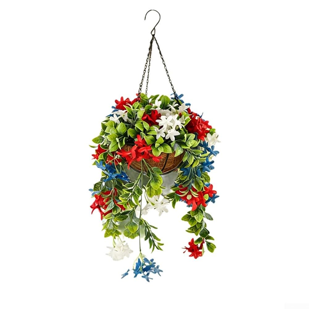 Cesto di fiori artificiali rosso bianco blu primavera decorazione vibrante composizione floreale plastica appeso ghirlanda pendente per casa giardino porta parete festa festa celebrazione
