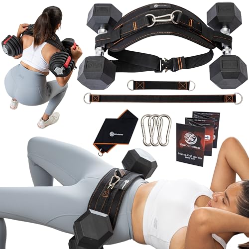 Hip Thrust Belt for Weights, Dumbbells & Kettlebells – Heavy Duty Glute Workout Equipment for Plates up to 300 lbs, with bonus straps for Dips & Squat Belt for Home & Gym