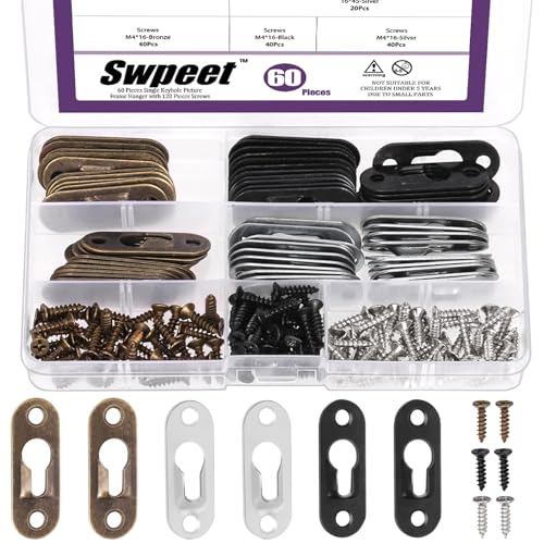 Swpeet 180 Piezas 3 Colores 45 x 16mm Colgadores de Ojo de Cerradura Individuales de Acero al Carbono con Kit Surtido de Tornillos, Placa Colgante de Ojo de Cerradura Colgador de Cuadros para Marco de