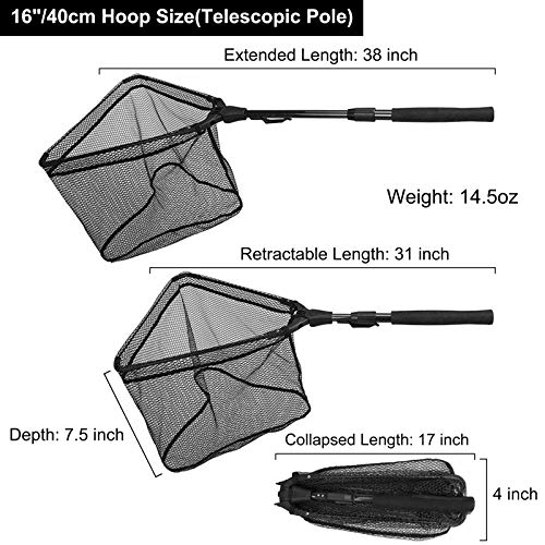 Plusinno Fishing Net Fish Landing Net, Foldable Collapsible Telescopic Pole Handle, Durable Nylon Material Mesh, Safe Fish Catching Or Releasing (16") #TOP1