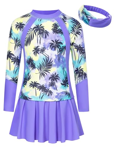 GRACE KARIN Girls Swimsuit Girls Long Sleeve Rash Guard 3-Pieces Bathing Suit 5-12Y