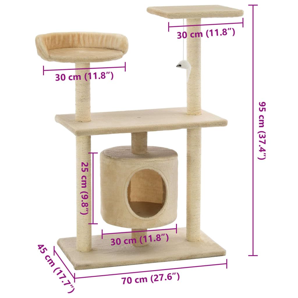 Rascador para gatos con tronco rascador de sisal, 95 cm, color beige | Zona de juegos para gatos de varios pisos con cueva, plataformas de observación y cuerda de sisal.
