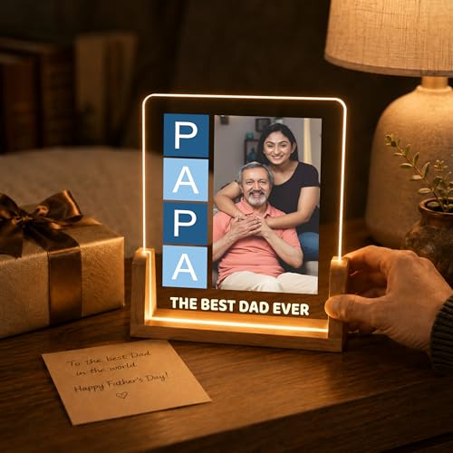 Image of Giftplease Rectangular Tabletop Acrylic LED Photo Frame for Papa | Personalized Wooden Night Lamp with Custom Picture | Fathers Day Dad Birthday Family Memory Decor Light for Bedroom Office Desk