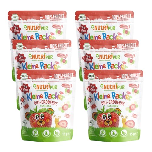 BIO Frucht Snack für Kinder: 6x15g Erdbeeren Gefriergetrocknet BIO – Gefriergetrocknete Früchte – Getrocknete Früchte – Kleine Racker von NutriPur