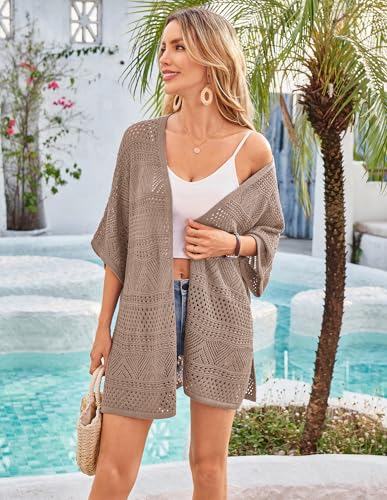 Image of GRACE KARIN Women Lightweight Summer Cardigan Crochet Knit Kimono Sweaters | Lightweight Crochet Knit Fabric, Short-sleeve Open-front Oversized Kimono, Ideal Casual Outerwear for Summer Daily Wear