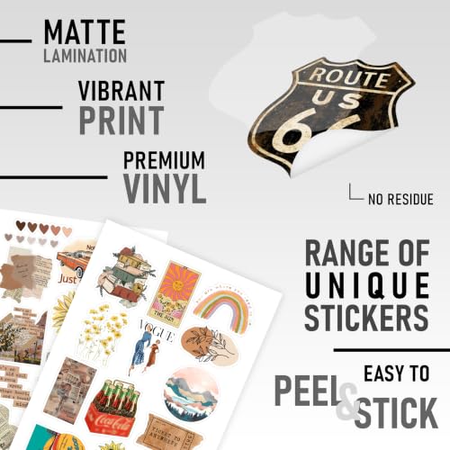 Image of CodersParadise Pack of 53 Vintage Aesthetic Stickers for Scrapbook, Laptop, Journal, Diary, Guitar, Mobile Phone - Waterproof Residue Free Stickers