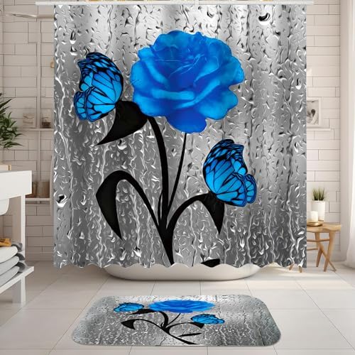 Rose Flower Shower Curtain Set Butterfly Blue Rose Bathroom Curtain