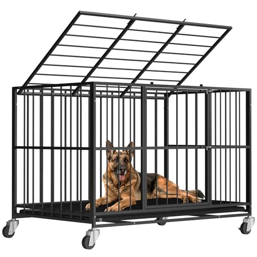 48 Inch Heavy Duty Dog Crate Steel Escape Proof, Indoor Double Door High Anxiety Cage, Removable Tray, Kennel with Wheels,XL XXL