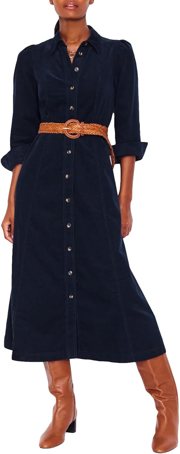 Women's Corduroy Maxi Dress Long Sleeve Cord Button Down Fall Shirt Long Dress with Belt