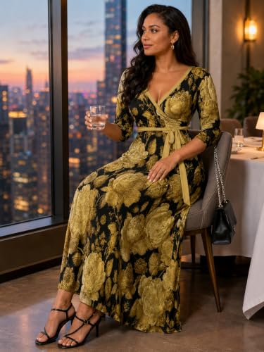 Image of SUZONANA Plus Size Dresses for Women Floral Print Maxi Dress Flowy 3 /4 Sleeve with Belt