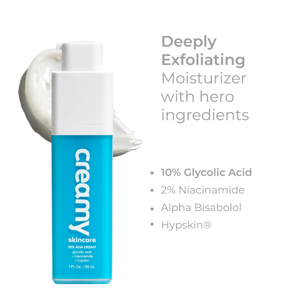 Creamy Skincare 10% Glycolic Moisturizer, Exfoliating Face Cream with Glycolic Acid, Niacinamide, and Hypskin, Nourishing, and Hydrating Cream, 1 fl oz/30mL