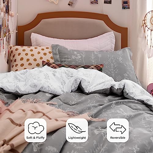 Image of Bedsure Twin /Twin XL Comforter Set - Light Grey Bed Set, 2 Pieces Cute Floral Bedding, 1 Soft Reversible Botanical Flowers Comforter and 1 Pillow Sham