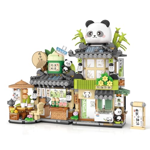City Tea House Building Blocks Set, Openable Panda Construction Tea Shop Building Toys for Boys Girls Age 8+, 860pcs Mini Bricks