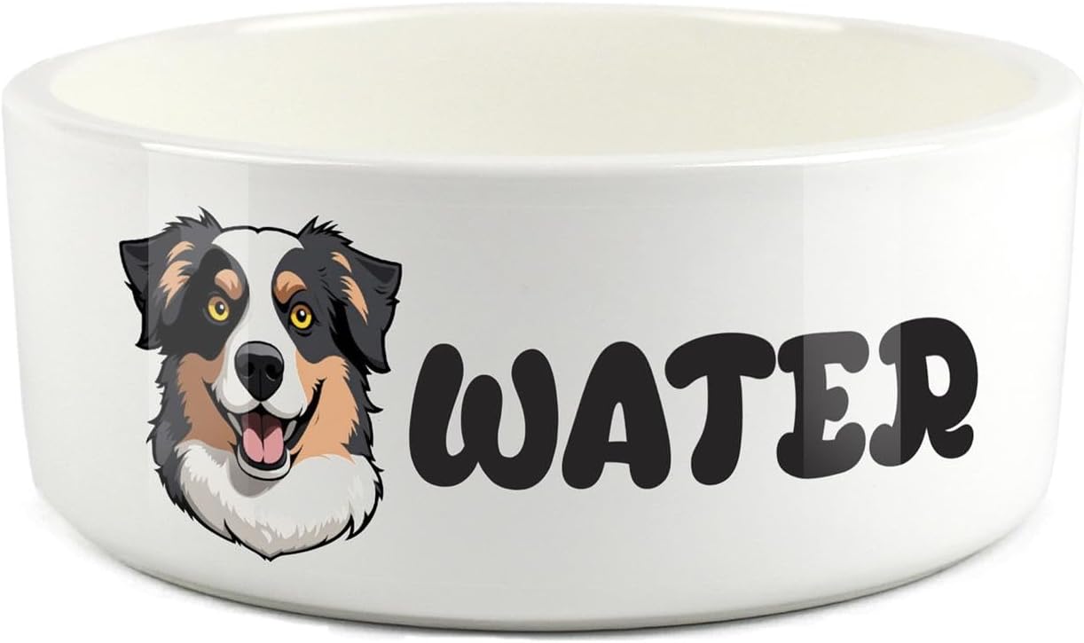 Australian Shepherd Pet Bowl - Cartoon Dog Portrait Large Ceramic Water Bowl - Novelty White Water Dish For Dogs