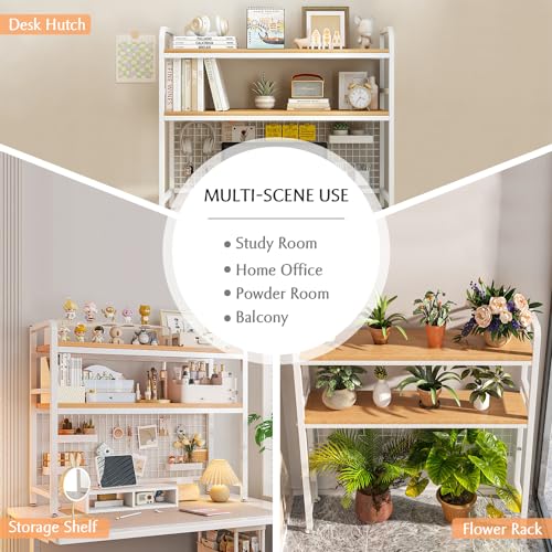 Image of IOTXY 2-Tier Desktop Hutch Bookshelf - Metal Desk Shelf Bookcase with Grid Panel, Countertop Storage Organizer Rack for Dorm or Office, White, 45.3 inch W