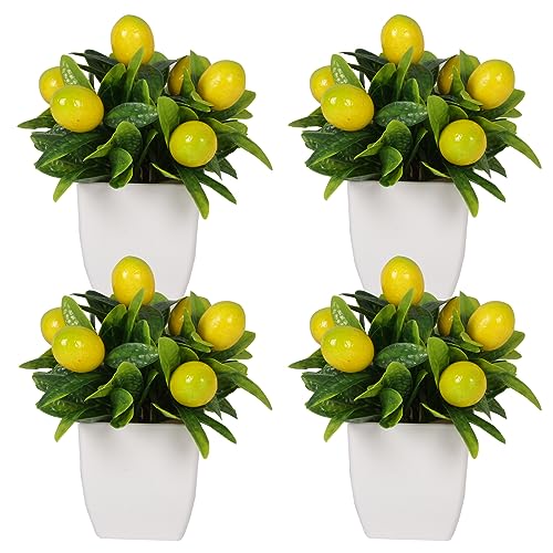 Yoratee 4pcs Artificial Lemon Plants Fake Fruit Potted Plant 6inches Fake Lemons Tree with Small Pot Mini Fake Plant for Indoor Outdoor Home Bathroom Decor
