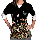 LpQsy Scrubs Damen Übergrößen Tailliert Kurzarm Scrubs Outdoor Valentinstag Scrubs Maedchen Knopf V Ausschnitt Cool Soft mit Blumendruck Baumwolle Grün