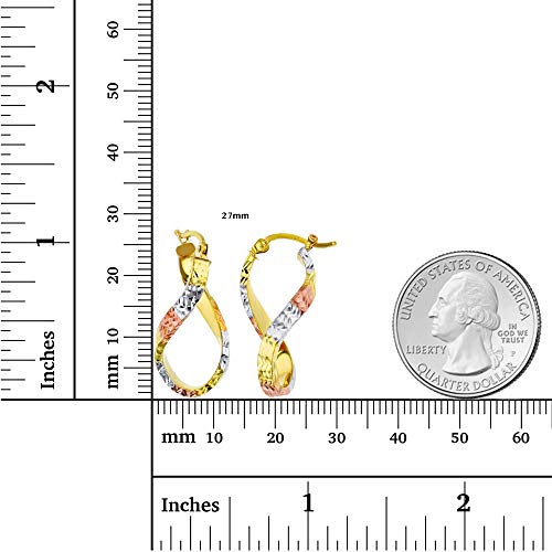 14k Tri Color OR Two Tone Gold Solid S Oval Twisted Diamond Cut Hoop Earrings for Women | 3x27mm Thick | Italian Gold Hoops | Twisted Hoop Earrings | Secure Click-Top | Shiny Polished Earrings, 3x27mm3