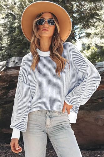Image of Womens Sweaters Fall 2026 Clothes Oversized Striped Knit Top Winter Outfits | ETCYY Long Sleeve Colorblock Pullover Tops,Fall Sweaters For Women Trendy,Casual Work Office,Cream,Cute Oversized Sweater