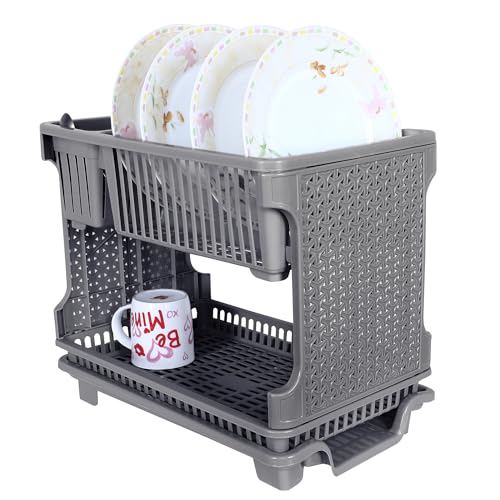 Image of Kuber Industries Dish Rack | Plastic Dish Rack With Drainer | Drying Basket With Tray | Kitchen Drying Rack With Tray | Bartan Stand For Kitchen | Bartan Jali Rack | Gray, 48X29X40 Cm