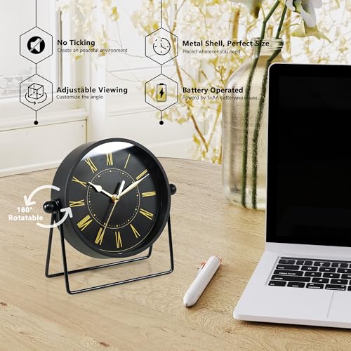 AYRELY® Vintage Black Metal Desk Clock,Battery Operated Mantel Clocks, Decorative Table Clocks with Adjustable Angle for Fireplace Farmhouse Shelf Living Room Décor (Black/Gold) - Image 3