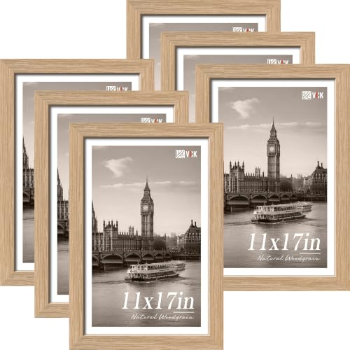 Image of VCK 11x17 Picture Frames Natural Oak - Wide Border Wood Poster Frame, Multi-Directional Display Family Photos, Office Prints, Studio /Gallery Artwork, Woodgrain Series, Wall Hanging, Set of 6