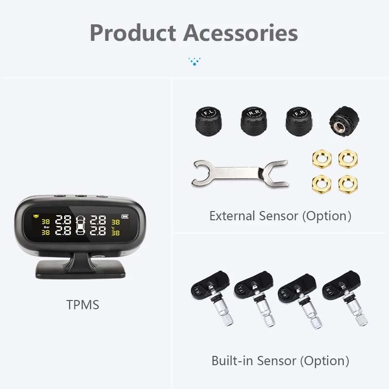 Tpms Sistema di monitoraggio della pressione dei pneumatici for auto con ricarica solare, sensore wireless, monitoraggio dei sensori di pressione impermeabili IP68 a 4 ruote Pressione Pneumatici(Inter
