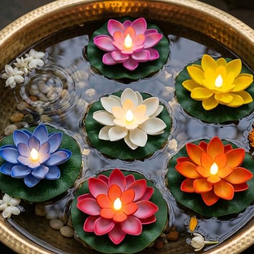 Image of Ein Sof Pack of 6 Floating Lotus Water Sensor Diya Lights - Multicolour LED Electric Candle & Water Diyas for Home Decoration | Safe Flameless Diwali Decor Lights (4.5 inches Wide)