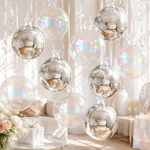 Image of 8 Pcs Silver Balloons and Iridescent Round Foil Balloons Holographic Metallic Silver 4D Ball Balloon Ornament Balloon for Birthday Grad Anniversary Prom Mermaid Under The Sea Disco Party Decor