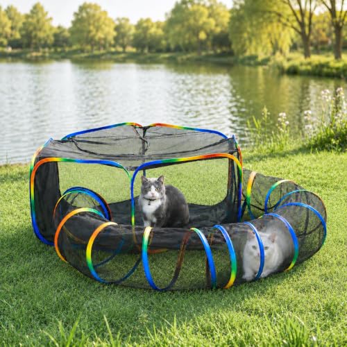 LUCKITTY Portable Cat Enclosure - 2-in-1 Outdoor Catio with Tent & Tunnel Foldable Playpen for Indoor Cats Includes Storage Bag for Cats & Small Animals Rainbow Color