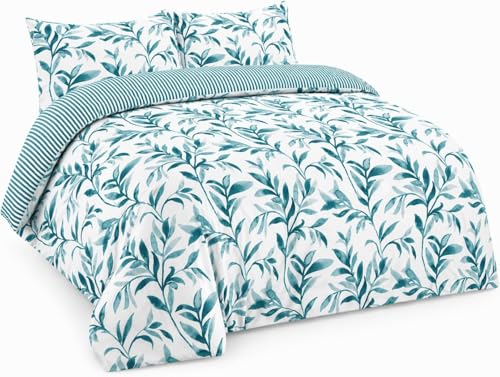 Image of HOMES-LINEN Ellie Leaf Floral Duvet Cover Reversible Stripe Printed Duvet Bedding Set (Teal, Double)