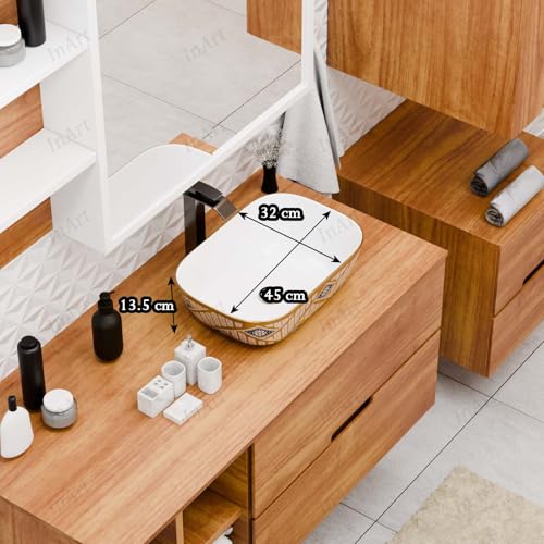 Image of Inart Wash Basin - Table Top Basin, Counter Top Wash Basin for Bathroom, Modern Ceramic Tabletop Sink Washbasin Design for Living Room, Dining Hall, Washrooms - 45 X 32 X 13.5 cm, Gold