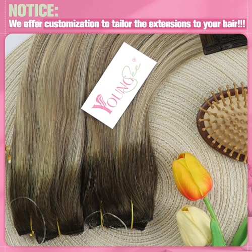 Image of YoungSee 135G Invisible Wire Hair Extensions for Women Brown Blonde Human Hair Wire Extensions Balayage One Piece Hair Extensions Real Human Hair Walnut Brown with Blonde Soft Hair 20 Inch