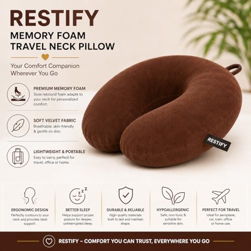 Image of Restify Premium Memory Foam Travel Neck Pillow | Soft Velvet U Shape Neck Support Cushion for Flight, Airplane, Car & Office Travel | Portable Pillow for Men & Women | Brown