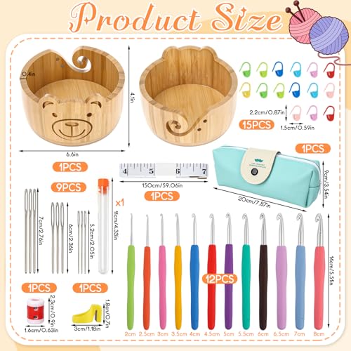Image of Wooden Yarn Bowl Set, 6.7in x 4.1in Large Yarn Bowl for Crocheting, Complete Crochet Accessories Kit with 12 Size Crochet Hooks, Tape Measure, Counter, Scissors & Storage Bag