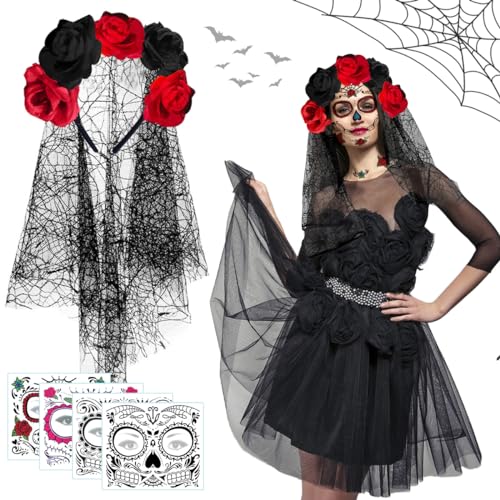 Diadema del Día de Muertos, Diadema de Corona de Flores Mexicanas + 2 Hojas Tatuaje Cara Temporales Halloween, Corona de Flores para el Día de Muertos, Velo Tocado Mexicano para Halloween