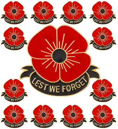 HAFILO 12/25/50/100 pieces poppy flower brooch pins Memorial Day lapel pin Metal enamel Lest We Forget Poppy Pins Veterans Day badge Souvenir gift bulk (12)