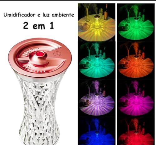 Luminária de Cristal Abajur Umidificador e Purificador de Ar com Luz Led Inteligente 5 Cores 110/220