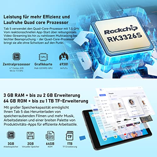 Blackview Tab 5 Android 12, Tablet 8 Zoll, 5GB RAM 64GB ROM (1TB erweitern) 5580mAh Akku,Quad-core,1280 * 800 HD+ IPS Touchscreen,WiFi,Bluetooth/eBook Modus/Typ-C/dual Box Speakers/OTG,Tablet Grey – Bild 5