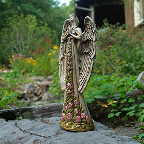 Bella Haus Design Angel Garden Statue 13.5” Tall - Poly Resin Angel Praying Statues Pink Roses & Flowers Figurines For Outdoor, Indoor, Back Yard - #TOP1
