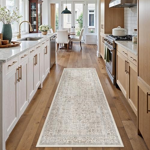 Taupe Runner Rug 2x6 Hallway Machine Washable Kitchen Vintage Distressed Non Slip Long Carpet Indoor Retro Floral Bedroom Accent Throw Rug for Bathroom Office Laundry Dining Living Room