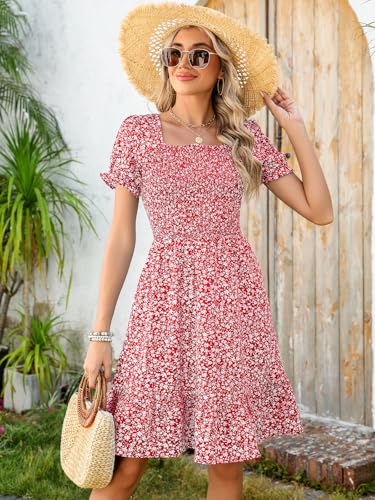 Image of Lyrur Women's Short Sleeve Summer Dresses 2026 Spring Casual Square Neck Easter Dress A-Line Tiered Sundress with Pockets
