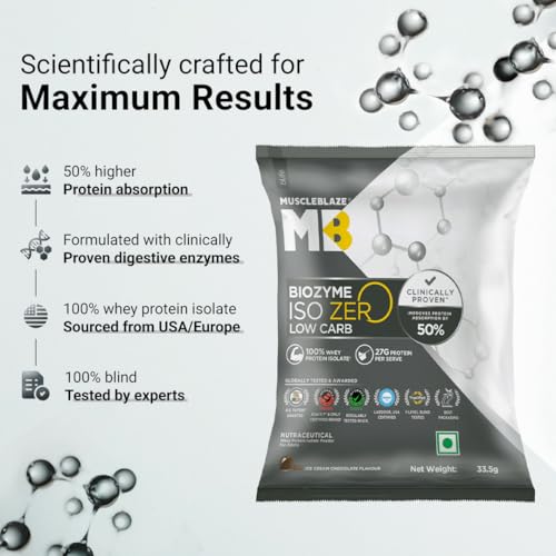 Image of MuscleBlaze Biozyme Iso-Zero Whey Protein Isolate Powder, 5 Sachets | Ice Cream Chocolate | 27g Whey Protein Per Sachet | USA Patent-Published Enhanced Absorption Formula (EAF)