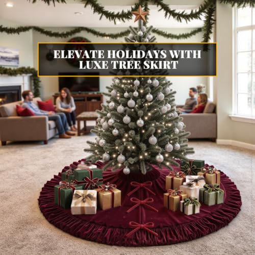 VEILS Large Christmas Tree Skirt, Velvet Burgundy Tree Skirts with Center Pleats and Plush Tie Closures for Christmas Party Favors Decor(60") - image 6