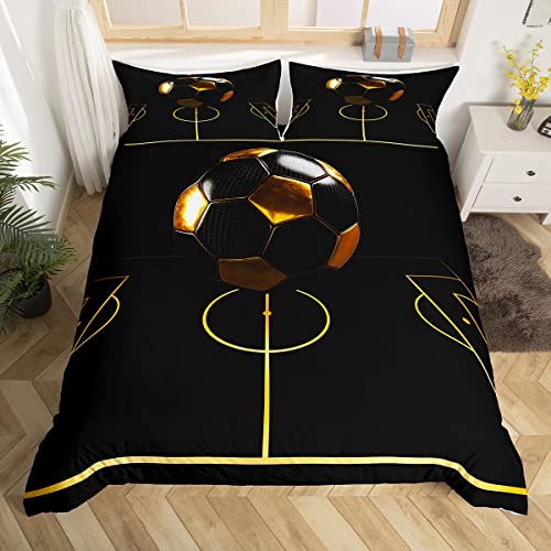 Football Bedding Set Kids Luxury Black Golden Soccer Ball Comforter Cover Set for Boys Girls Football Sport Arena Duvet Cover Breathable Bedspread Cover Room Decor Quilt Cover Single Size