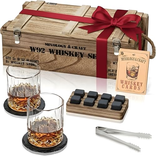 Mixology & Craft Whiskey Gift Set - Includes 2 Lead-Free Crystal Glasses, 8 Granite Chilling Stones...