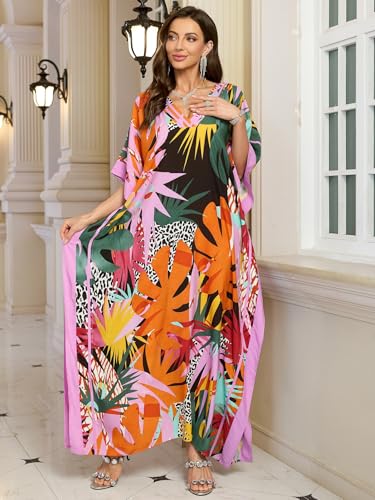 Image of KECVOT Kaftan Dresses for Women V-Neck Print Swimsuit Cover Up Plus Size Beach Caftan Lounge Dress
